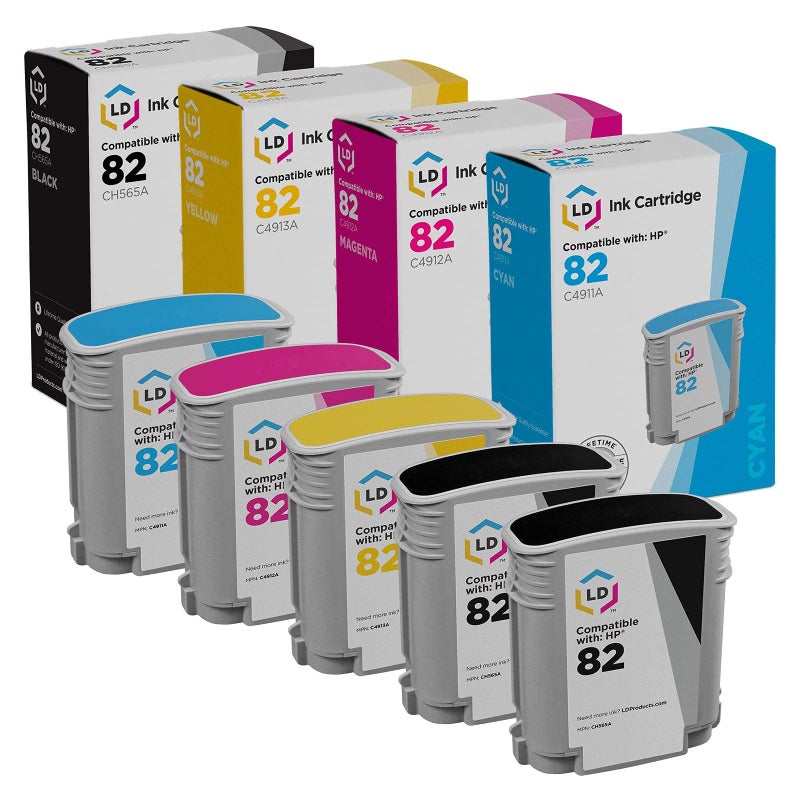 LD Remanufactured Ink Cartridge Replacement for HP 82 (2 Black, 1 Cyan, 1 Magenta, 1 Yellow, 5-Pack) Compatible with DesignJet 500 500PS 510 800 800PS 815MFP 820MFP cc800ps - Image 1